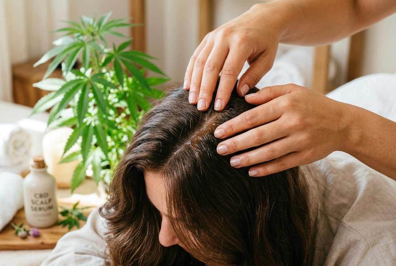 Natural CBD scalp serum massage treatment with hemp plant background