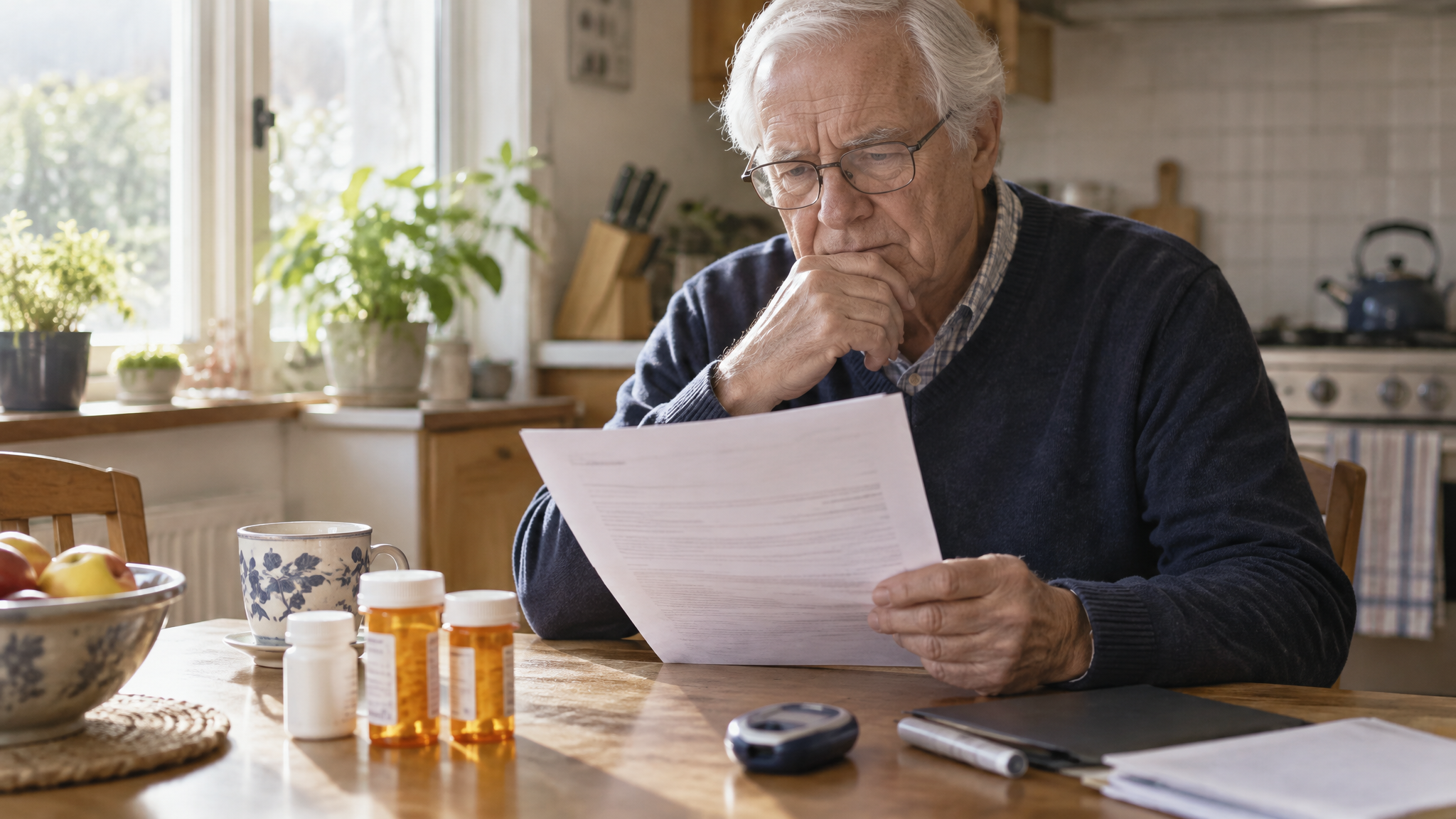 Older man reviewing a printed chronic care plan at his kitchen table with medications nearby
