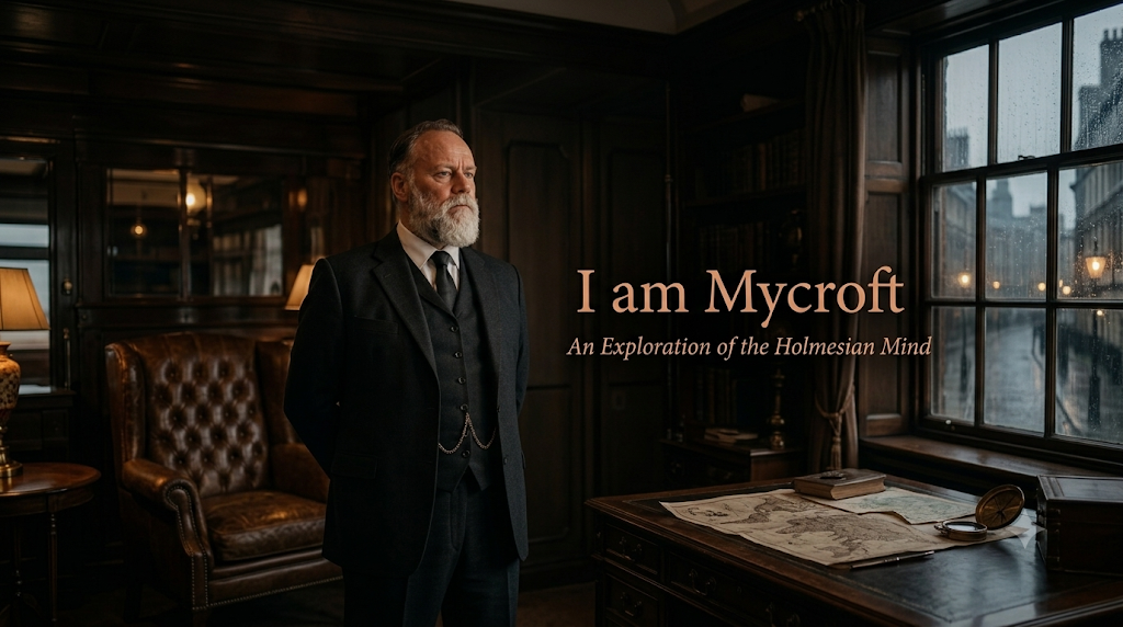 I am Mycroft — a dark, atmospheric Victorian study with leather-bound books and dim lamplight