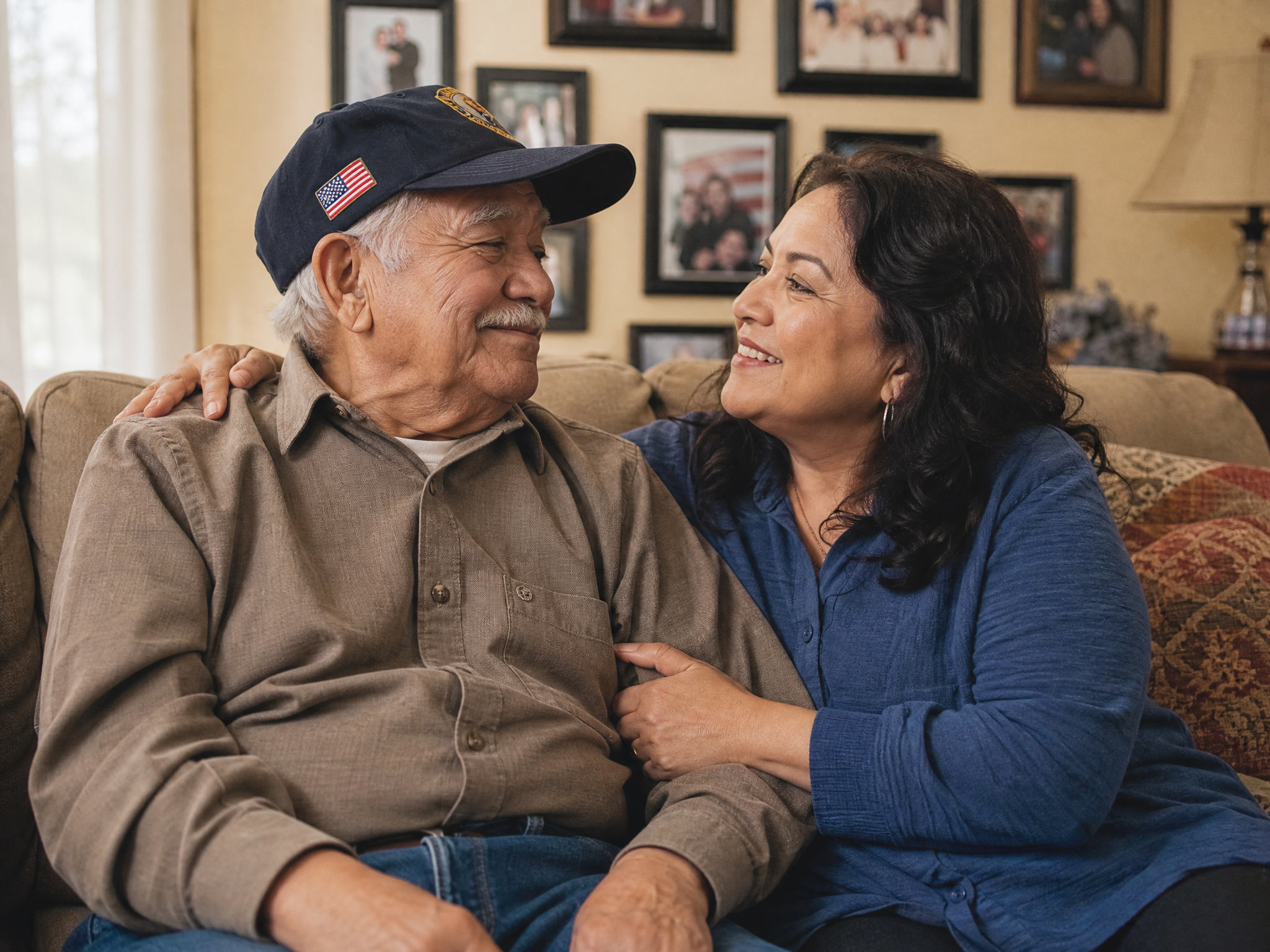 A Latina daughter lovingly caring for her senior Hispanic veteran father at home