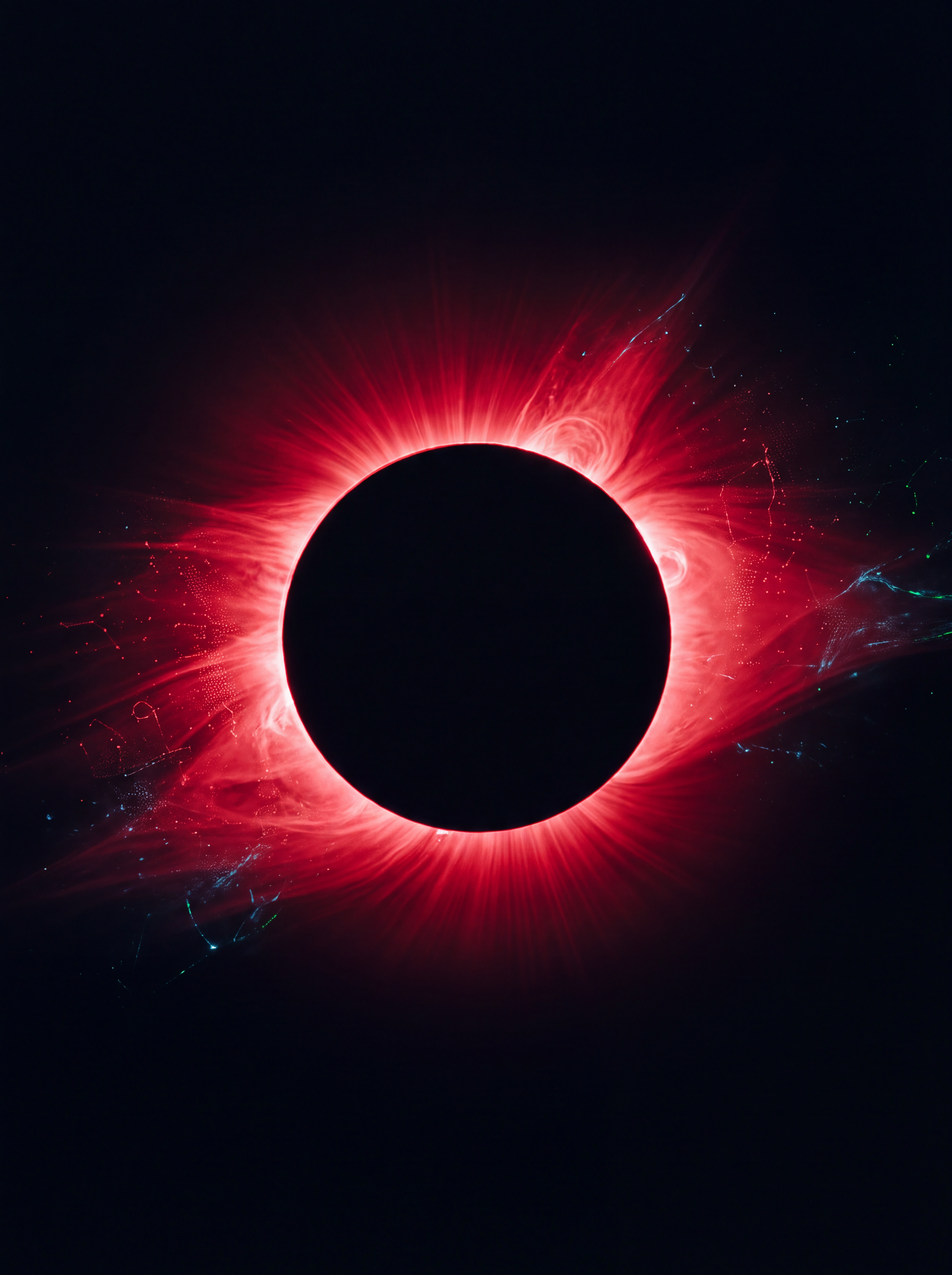 The umbra — a black eclipse ringed by crimson corona in absolute darkness