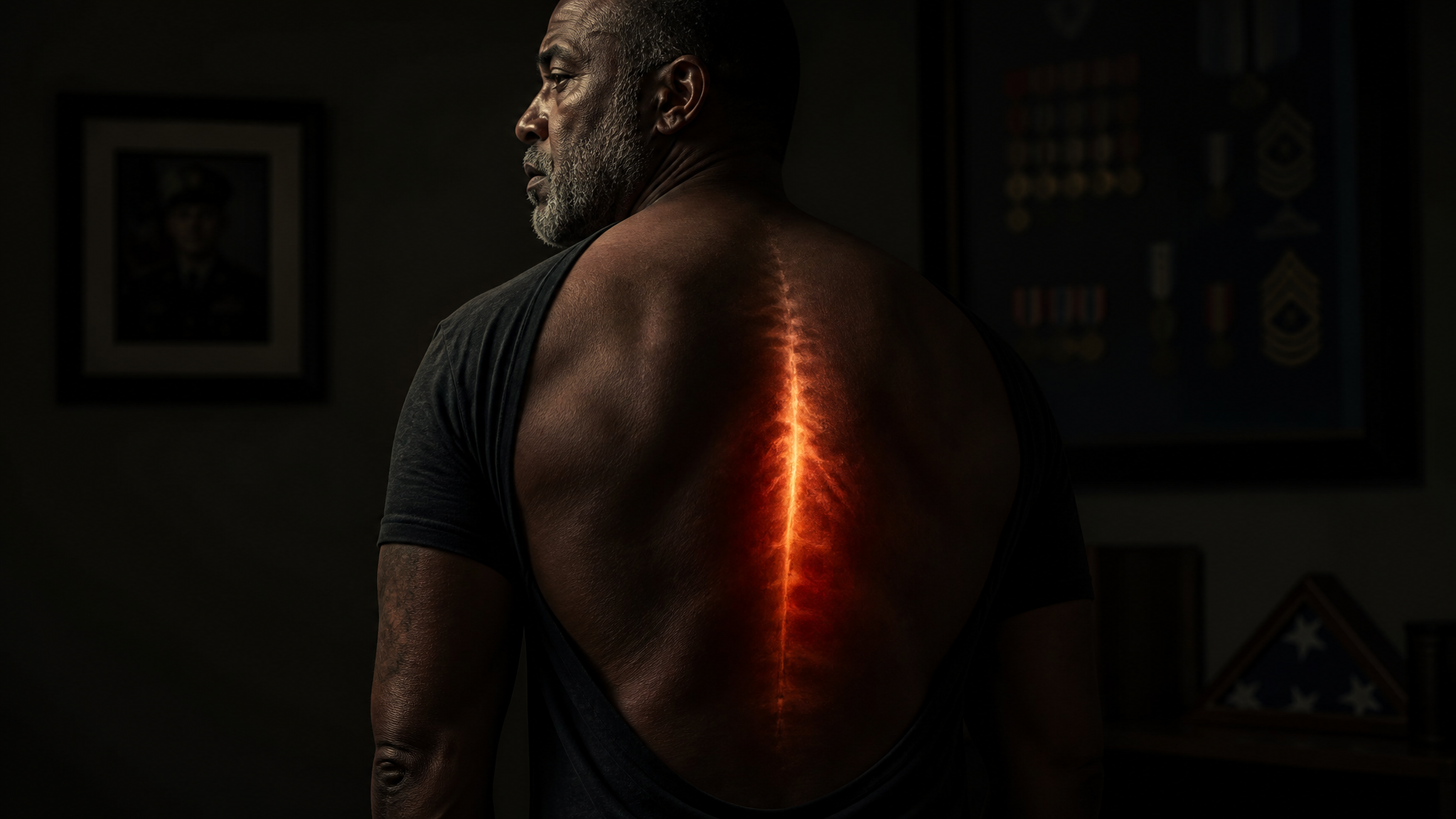 A Black male veteran steadying himself against a wall with a stiff, spastic stance, a hot orange highlight along the mid-thoracic spine marking the level of spinal-cord compression, in a dark cinematic interior