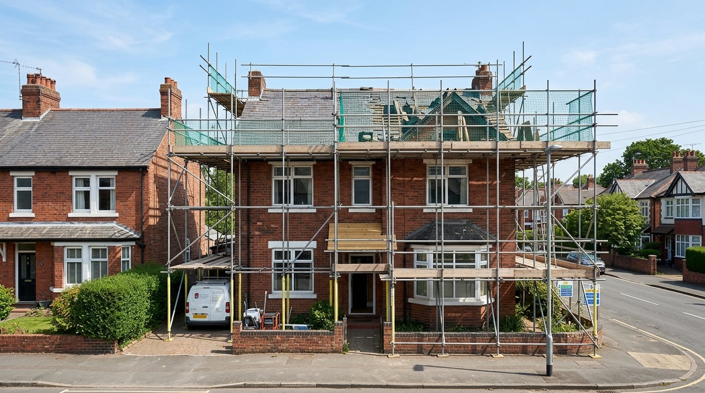 Scaffolding around a UK house for roof repairs