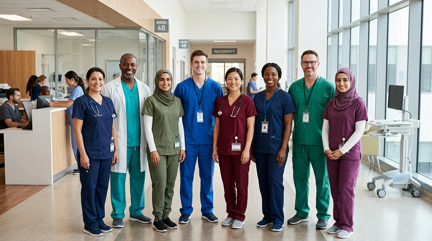 Diverse healthcare professionals smiling confidently