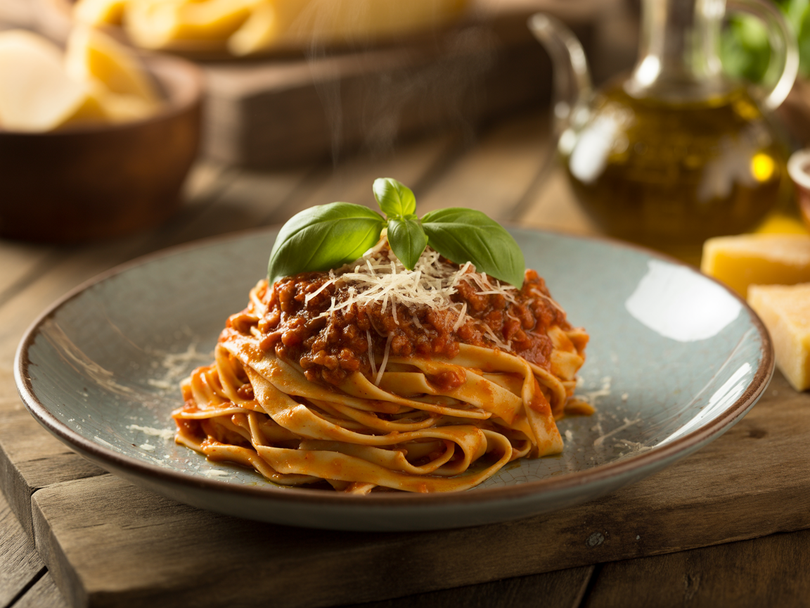 Steaming handmade Italian pasta with rich bolognese