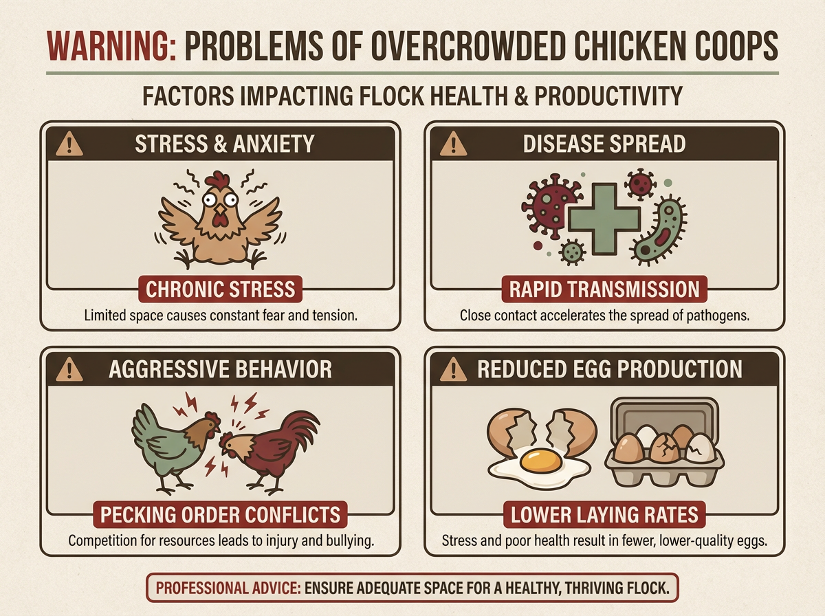 Infographic showing problems caused by overcrowding in chicken coops including stress, disease, pecking, and reduced egg production