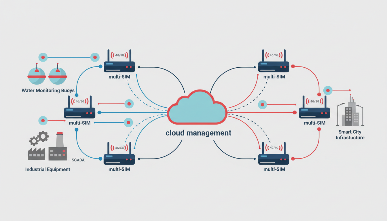 Diagrama de arquitectura IoT de misión crítica con routers celulares, sensores remotos y plataforma cloud