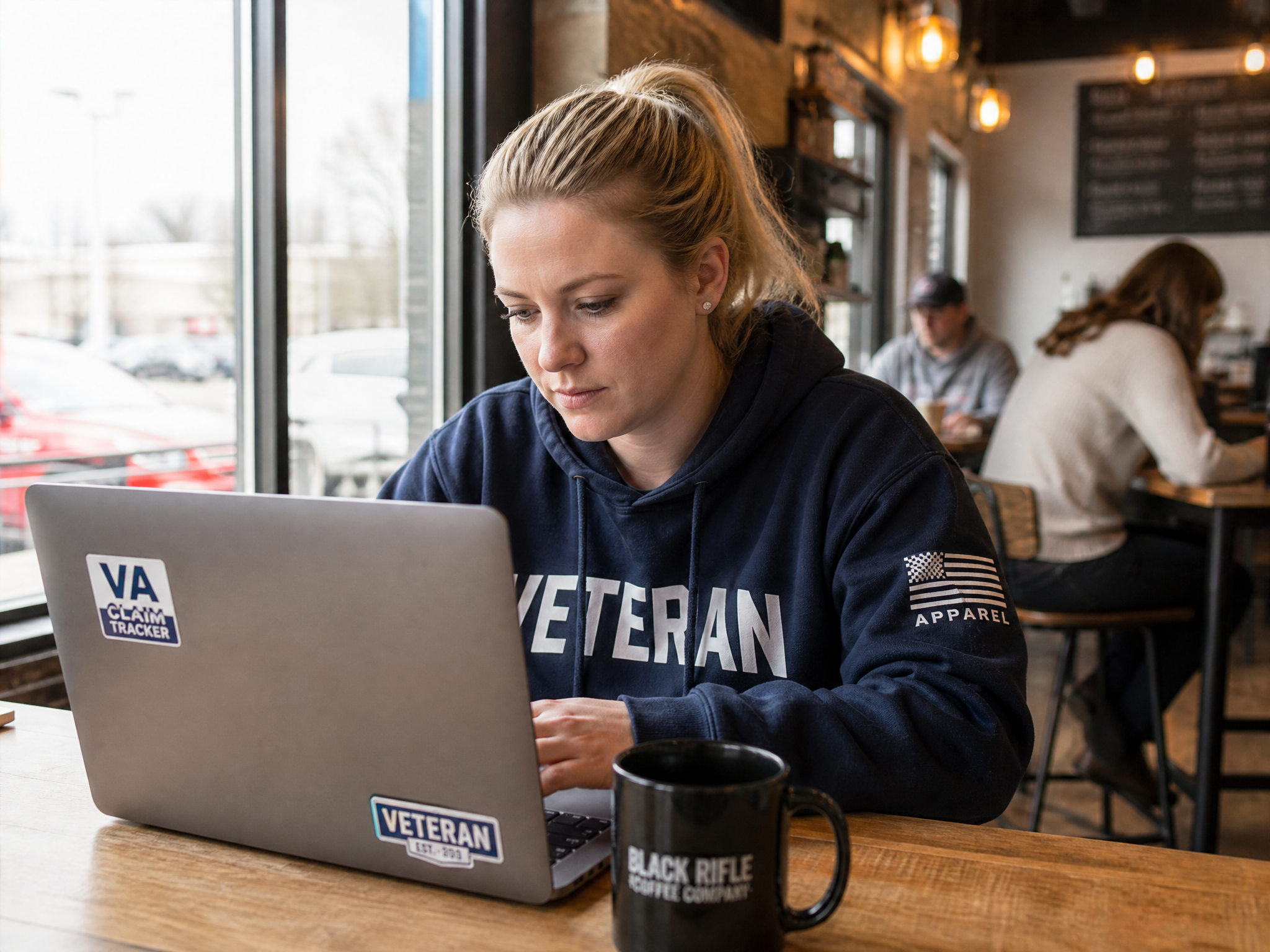 A young veteran researching her claim options on a laptop