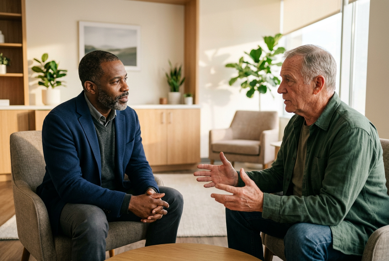 An older veteran gesturing with his hands as he explains how his symptoms affect his daily life to a clinician