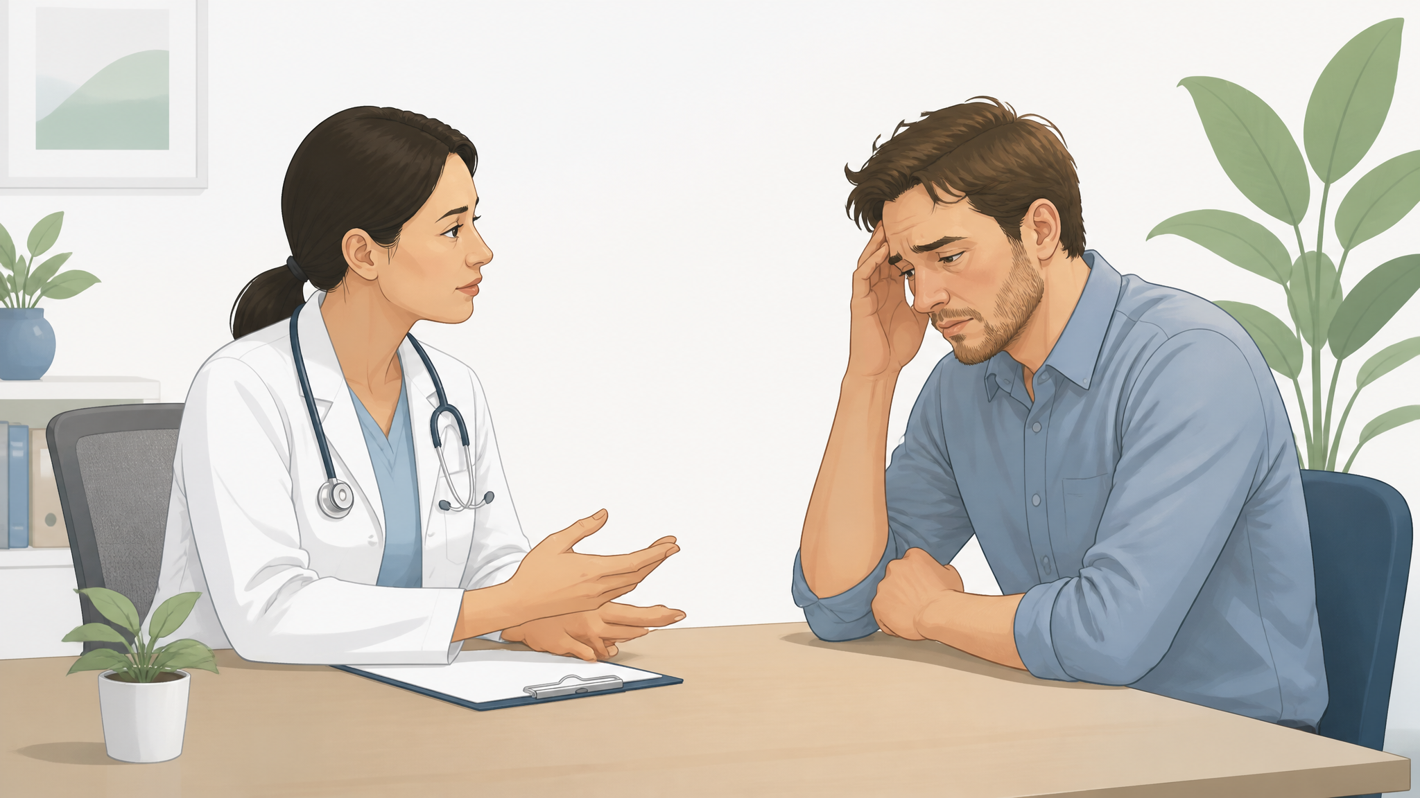 Illustration of a clinician and a tired patient in work clothes discussing lost workdays across a desk