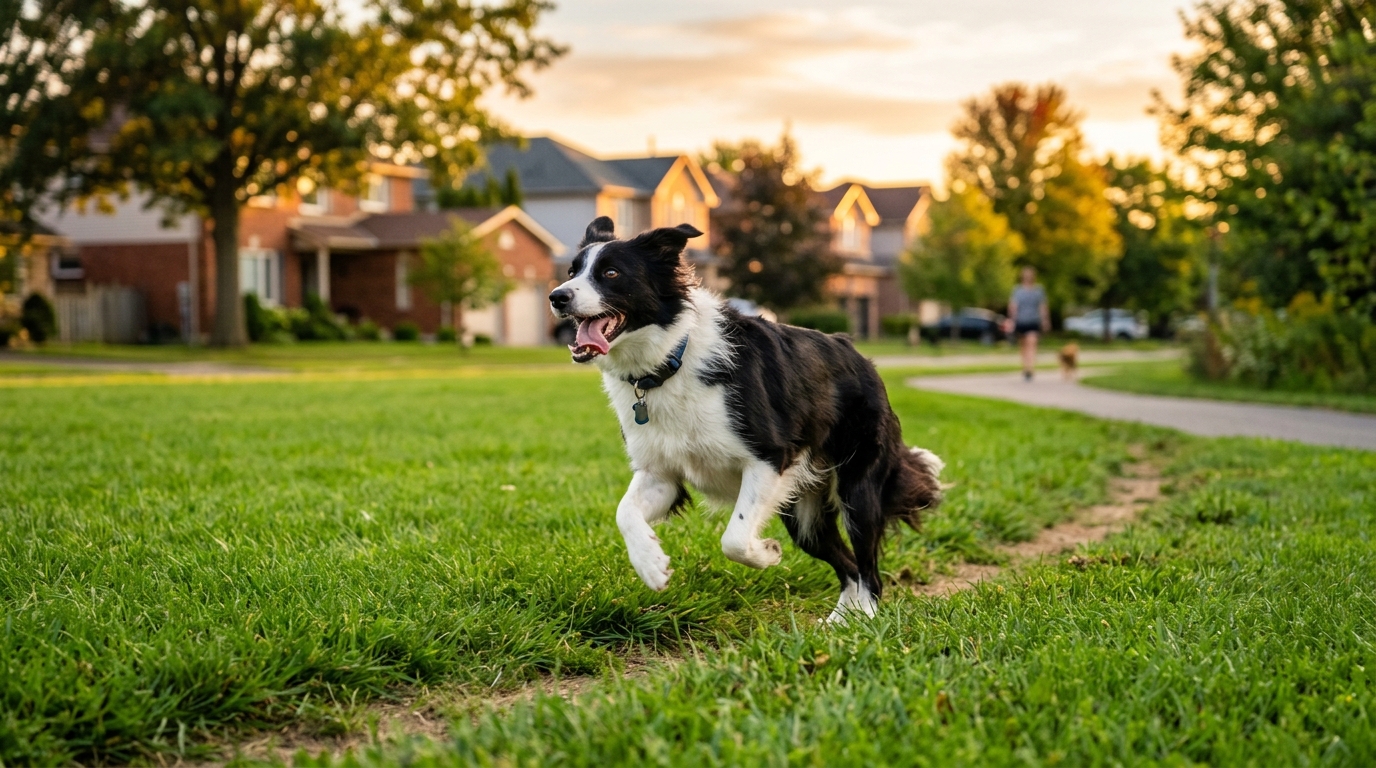 A joyful border collie running happily in a green suburban park during golden hour