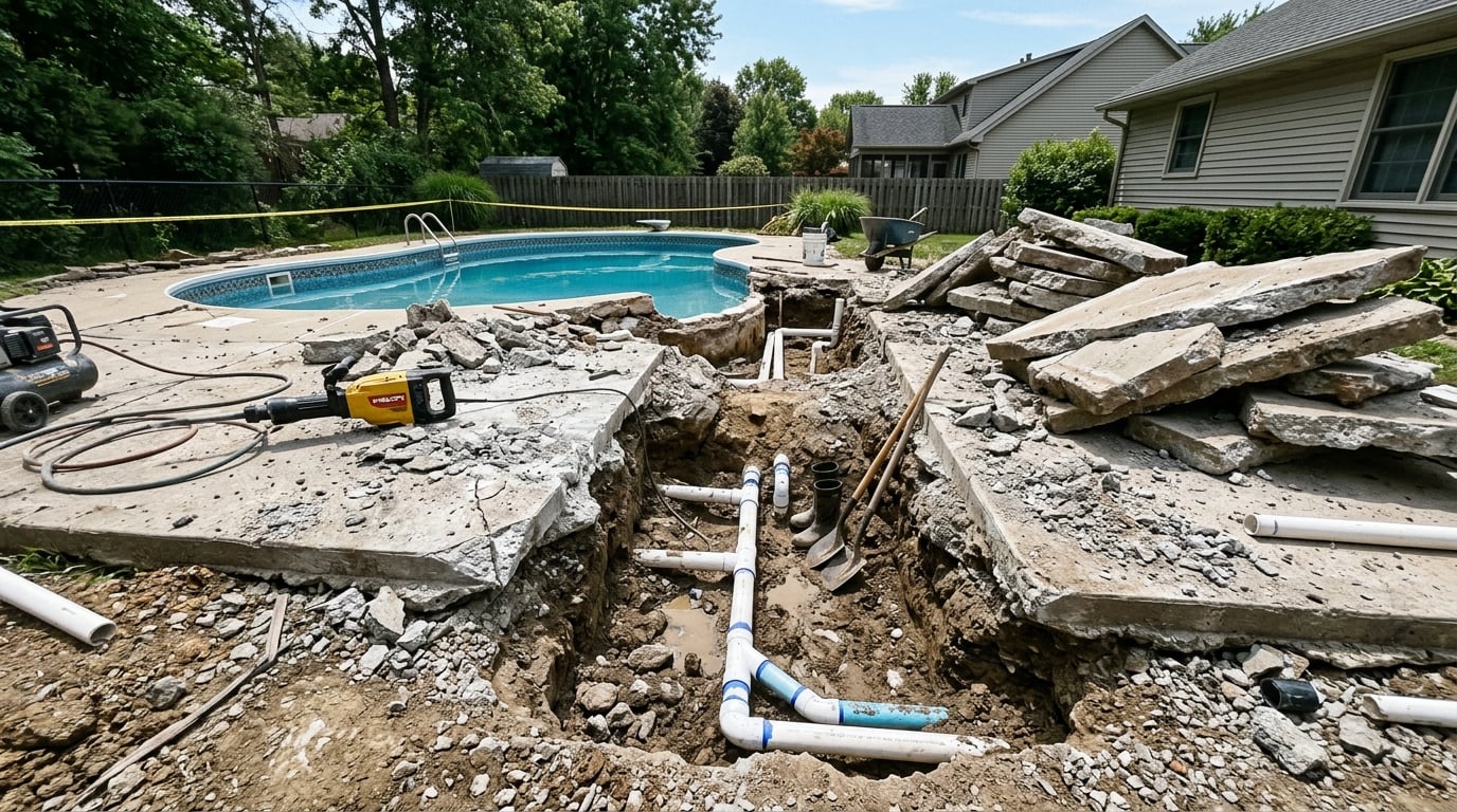 Demolished swimming pool concrete deck with jackhammered slabs and exposed underground pipes from traditional pipe repair