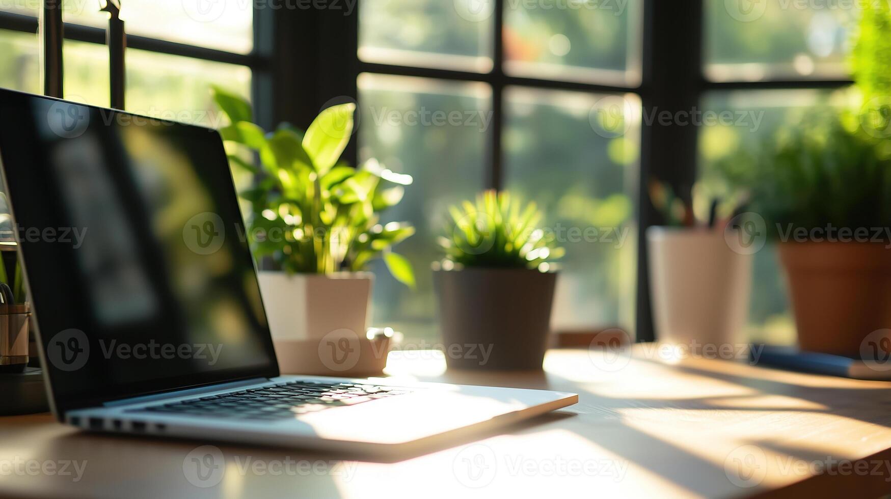 Espace de travail moderne et minimaliste avec ordinateur portable, cahier et plante verte