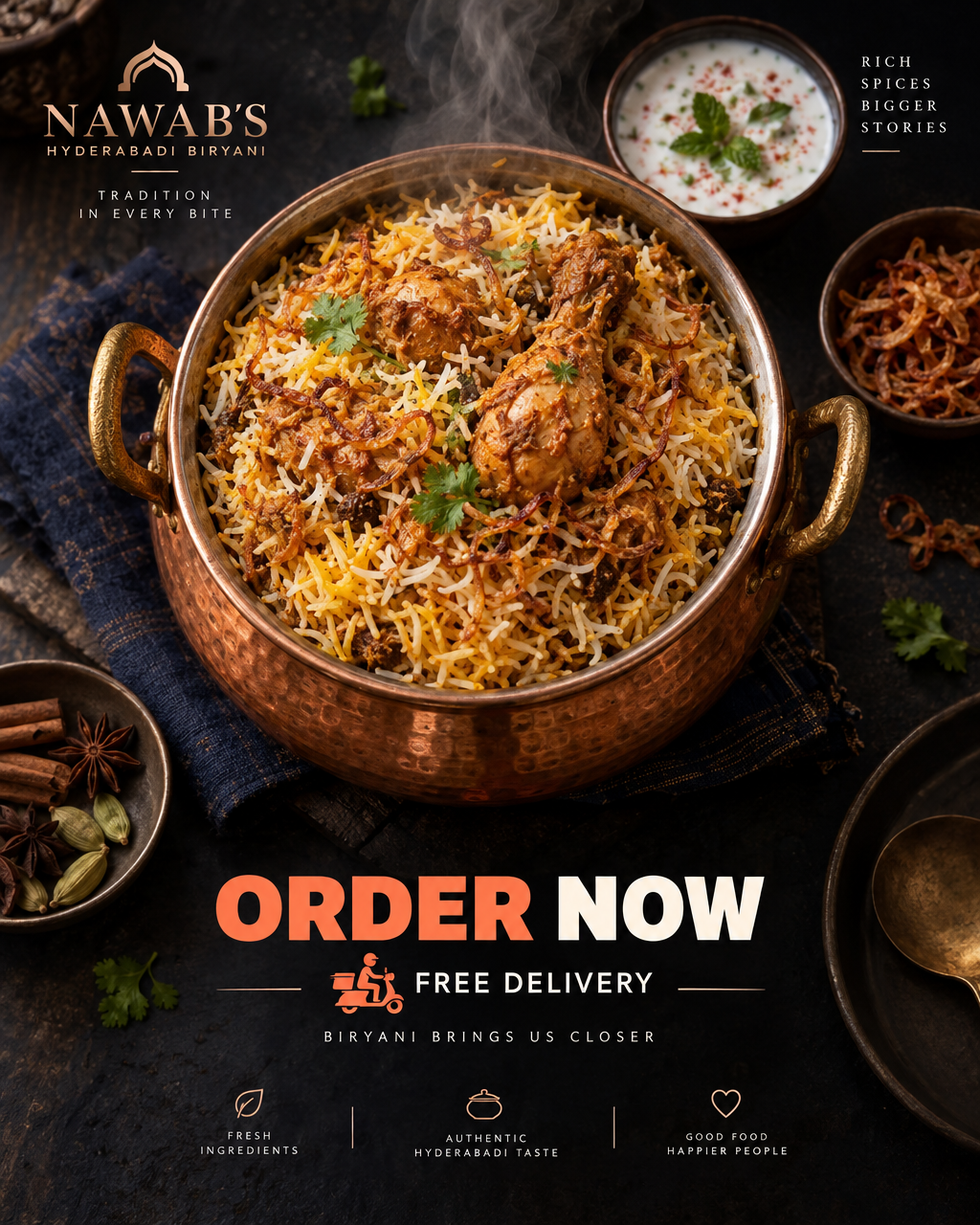 Food delivery promo poster for a biryani restaurant