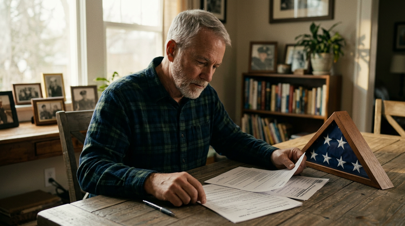 An older military veteran at a table reviewing benefit and service-connection paperwork beside a folded American flag