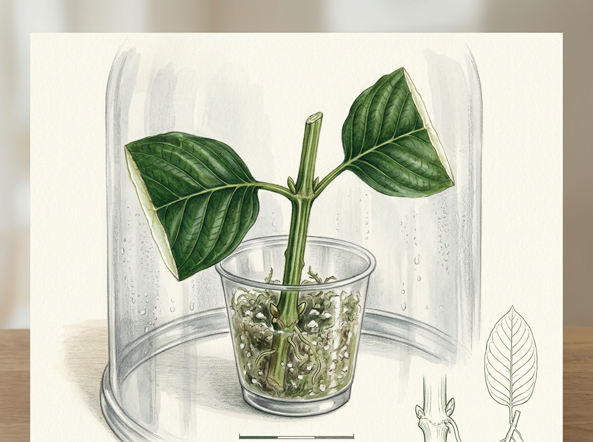 Illustration of a kratom stem cutting with halved leaves rooting inside a clear propagation container