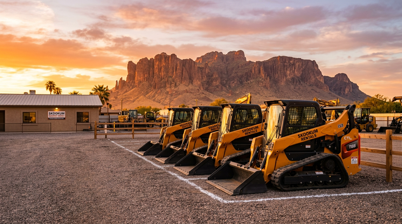 Row of compact track loaders at an equipment leasing yard