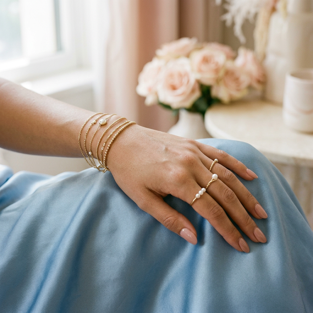 Stacked dainty bracelets and rings on powder-blue silk