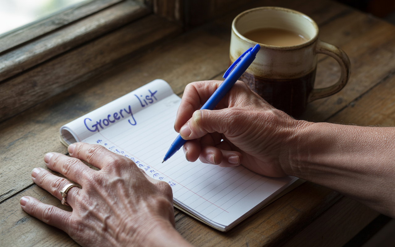 Close-up of a veteran writing a list of conditions on a notepad