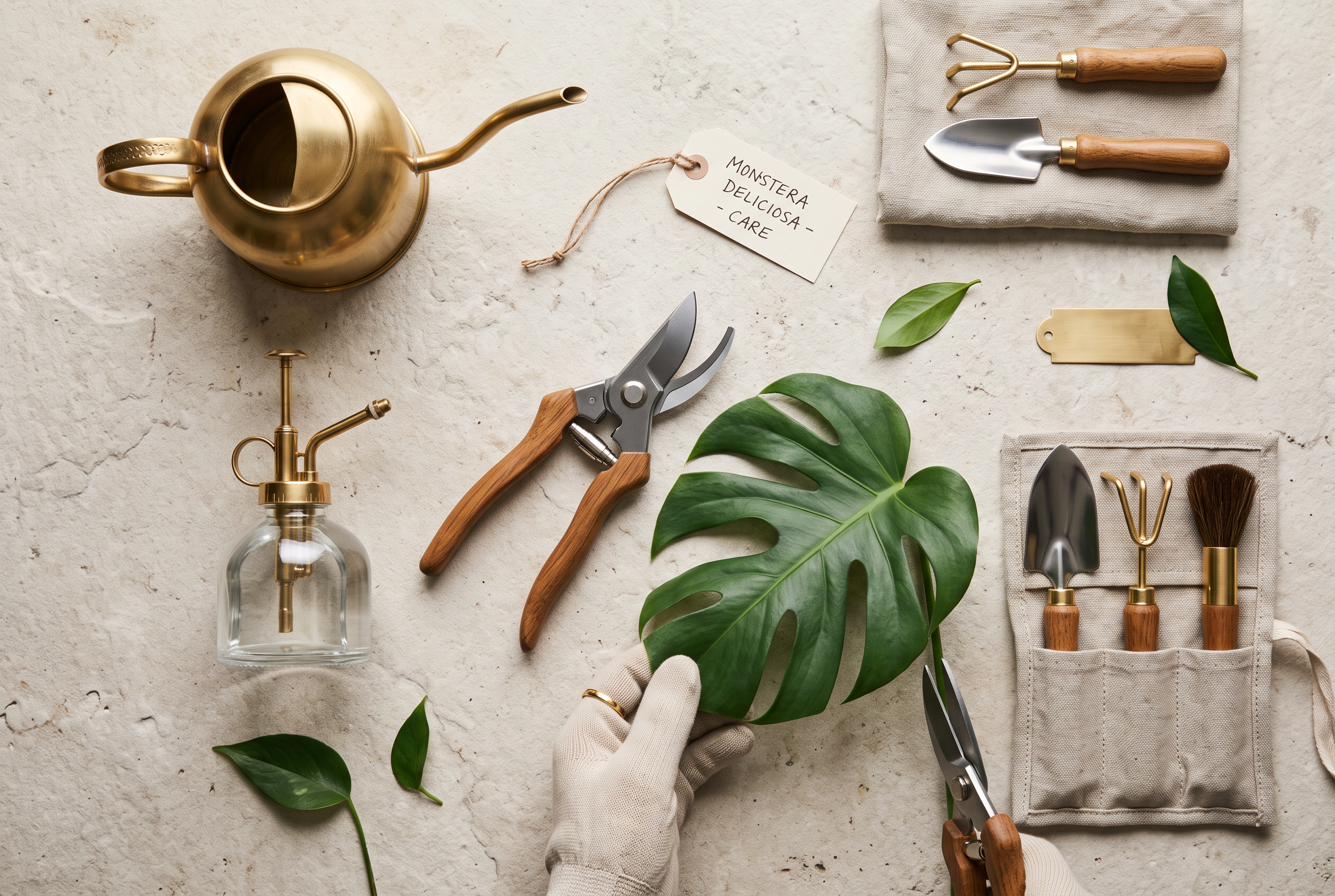 Elegant still life of premium plant-care tools: brass watering can, pruning shears and misting bottle