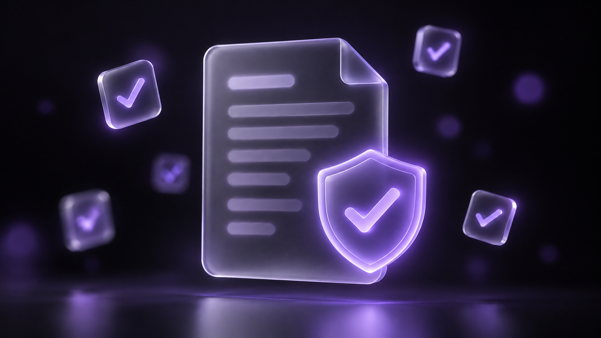 A frosted glass policy compliance card with a glowing violet shield badge and floating checkmark icons in the dark