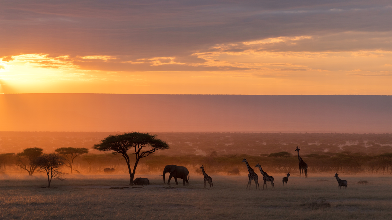 Guests on safari watching African sunset