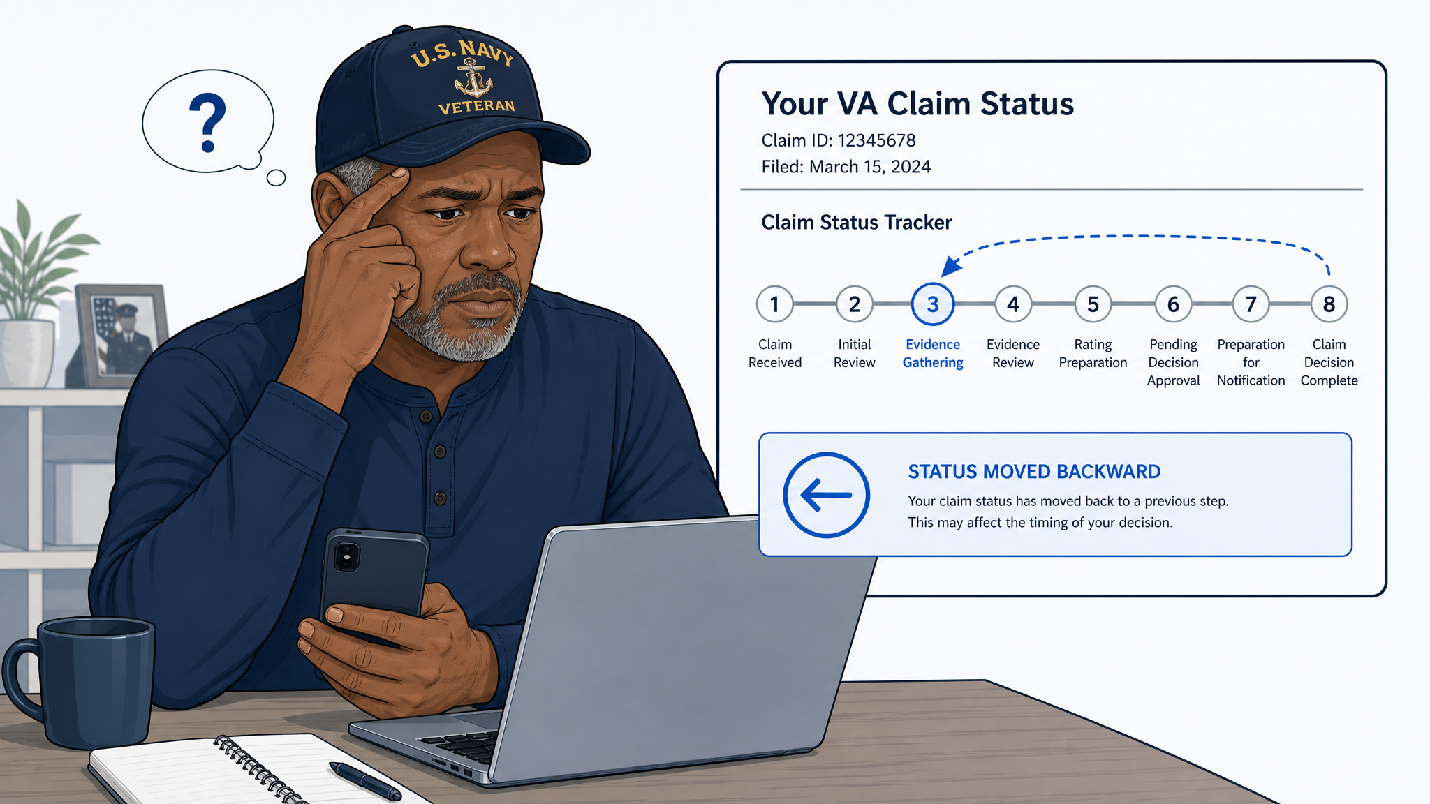 Claim status tracker on a screen showing the progress bar jumped backward from a late step to an early step