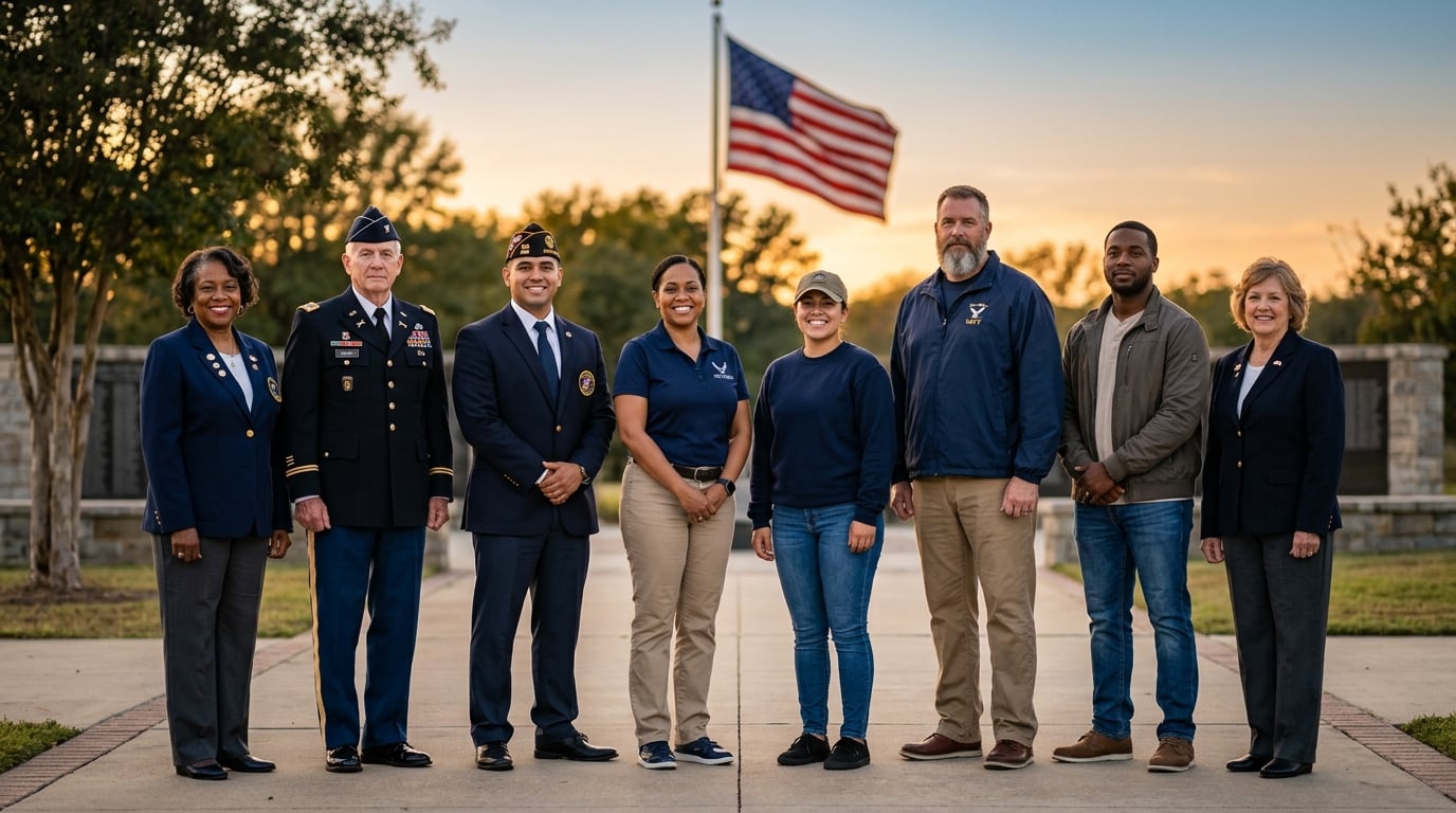 Diverse group of proud United States military veterans together with an American flag