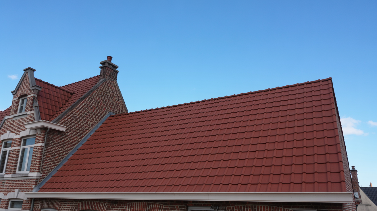 Professional roof cleaning in Belgium - clean European tile roof against blue sky