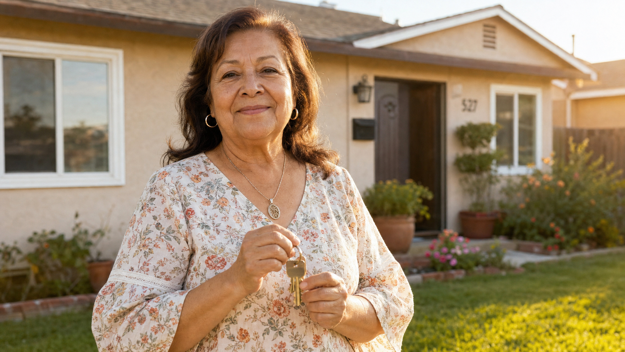 A senior Hispanic widow holding house keys in front of her home