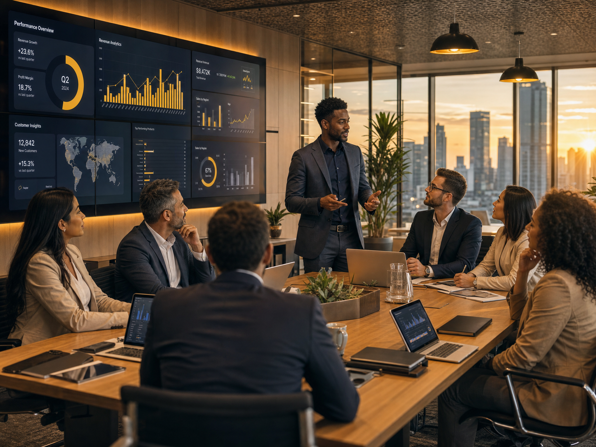 Business team collaborating in modern office with data analytics on screens