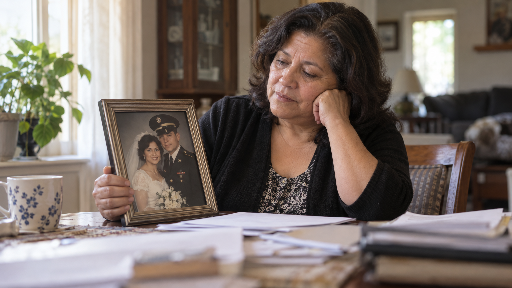 The 8-year DIC provision: a widow holding her wedding photo with her late husband in uniform