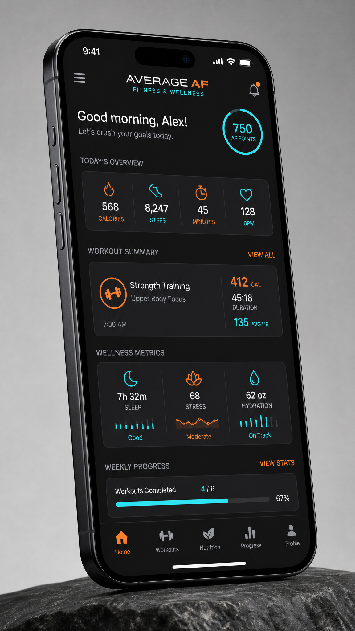 Average AF mobile app interface showing fitness tracking