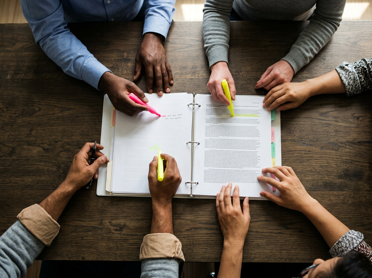 Team members' hands working together over a veteran's claim file