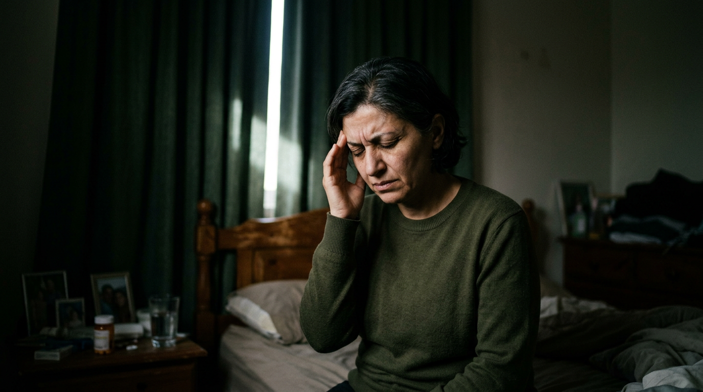 A Middle Eastern female veteran in her forties sitting in dim light holding her head during a prostrating post-traumatic migraine, representing headaches secondary to a traumatic brain injury