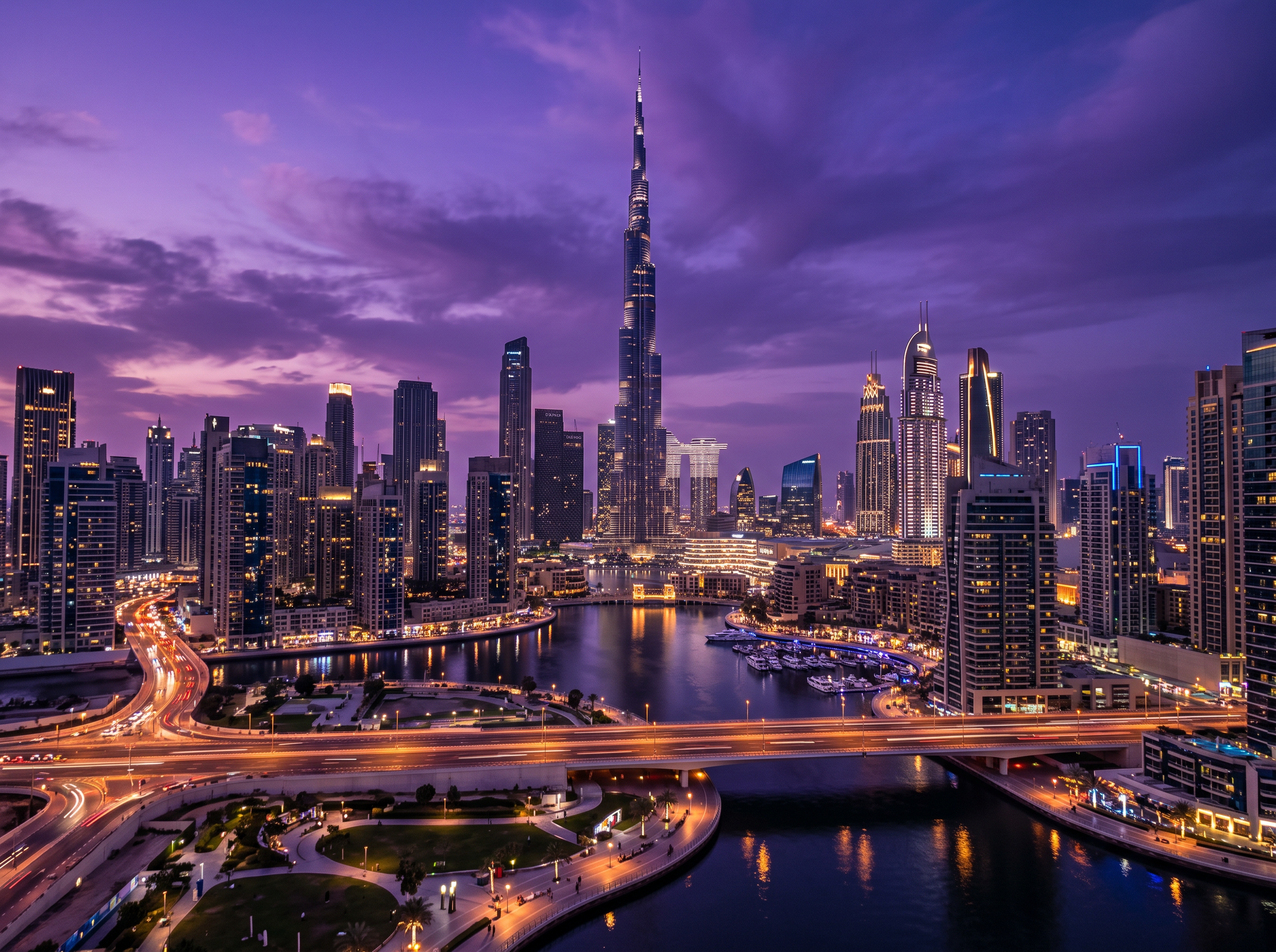 Dubai city skyline at dusk with illuminated modern skyscrapers under a violet sky