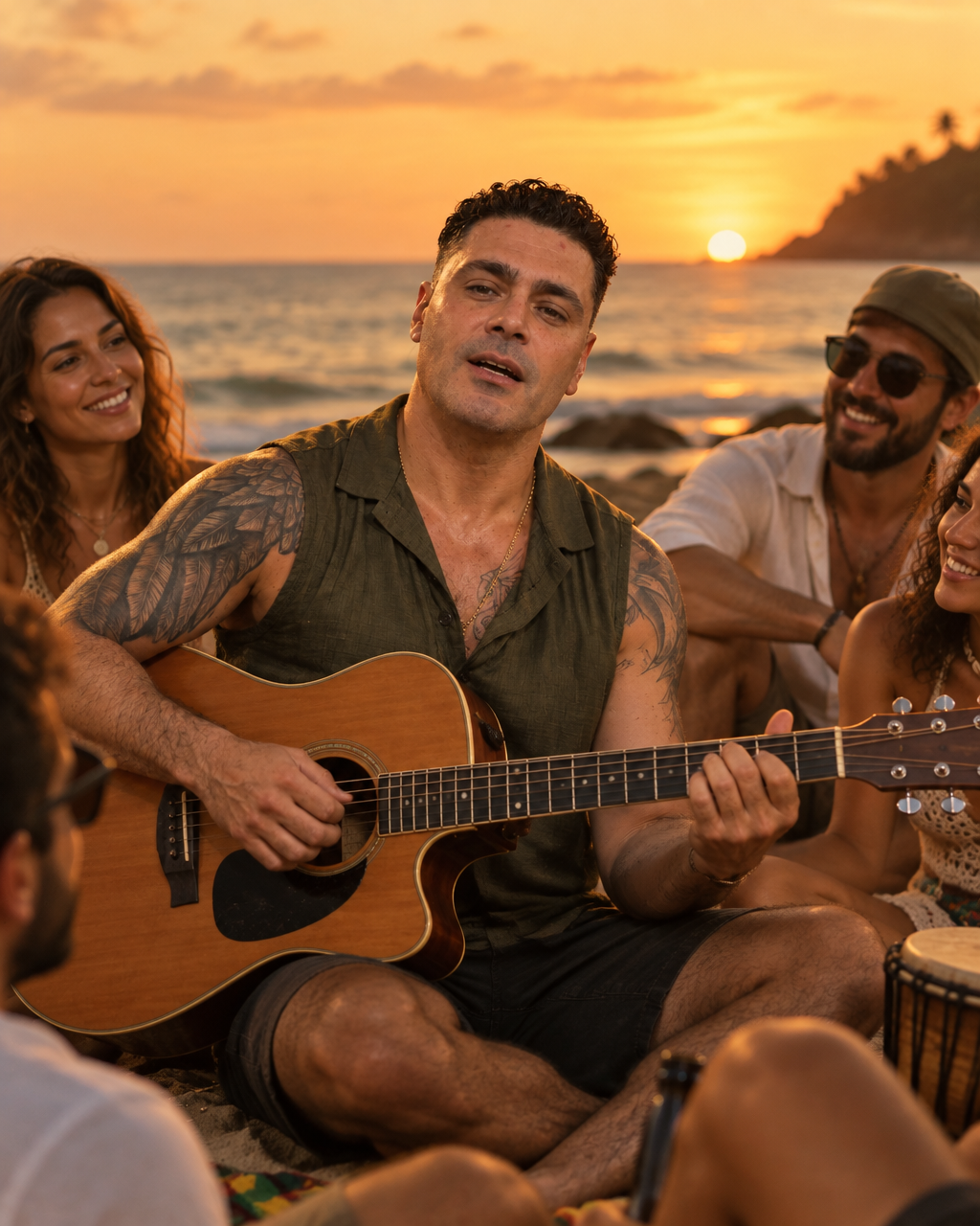 JAH.I tocando violão com amigos na praia ao pôr do sol