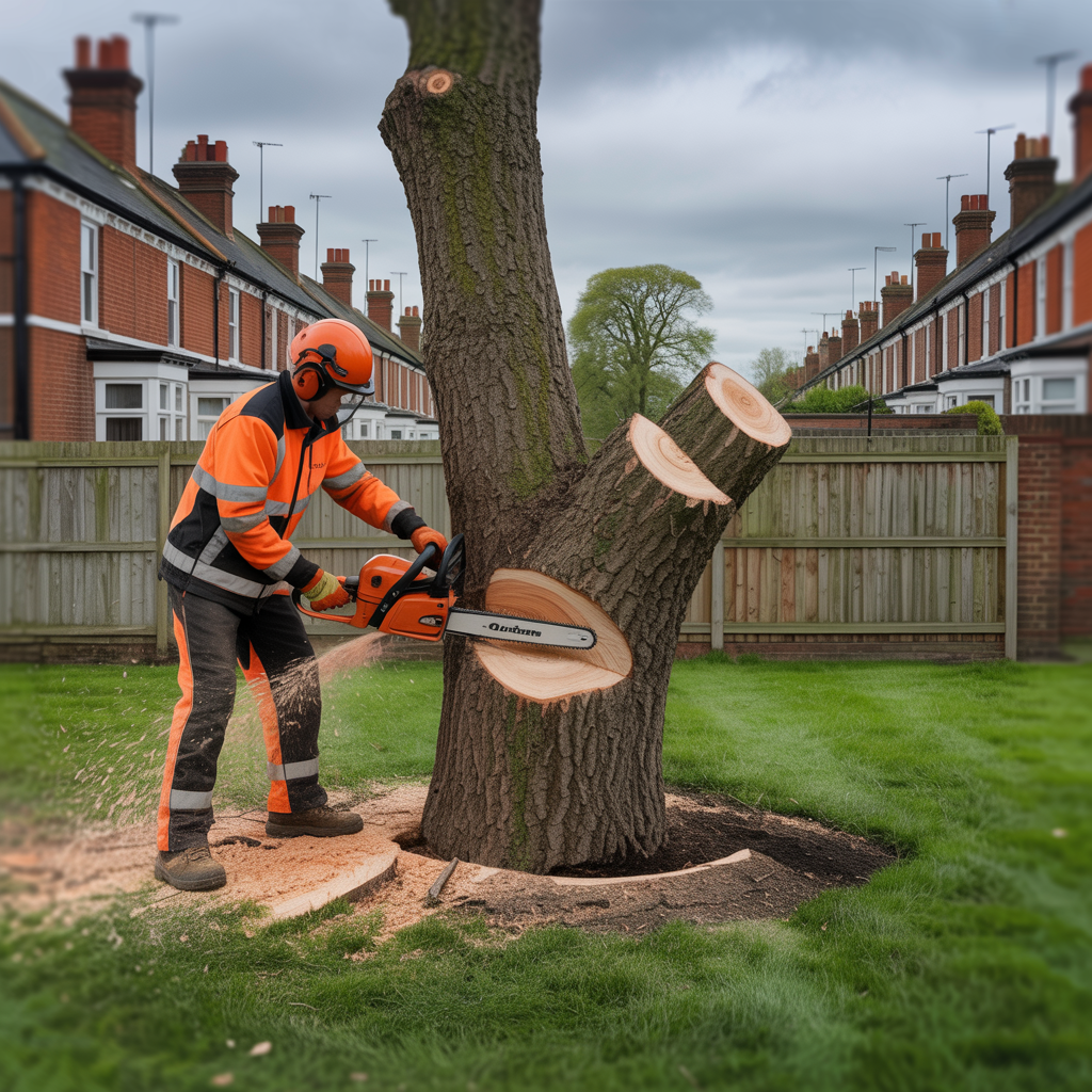 Professional tree felling in British residential garden