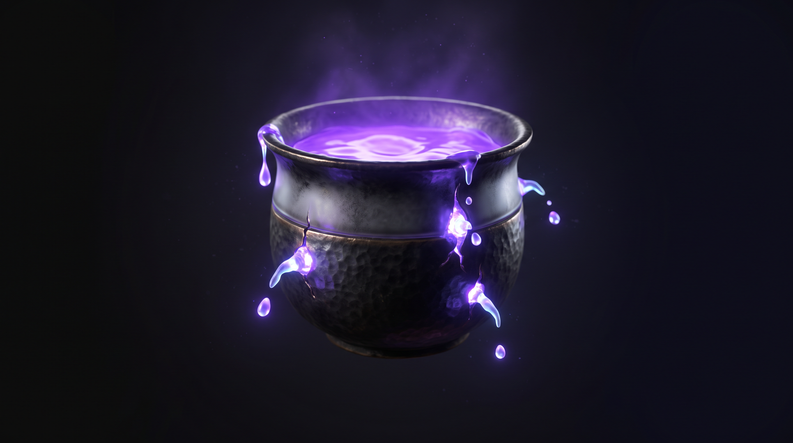 A dark cast-iron pot filled with glowing violet liquid, leaking in thin bright streams from several splits down its side