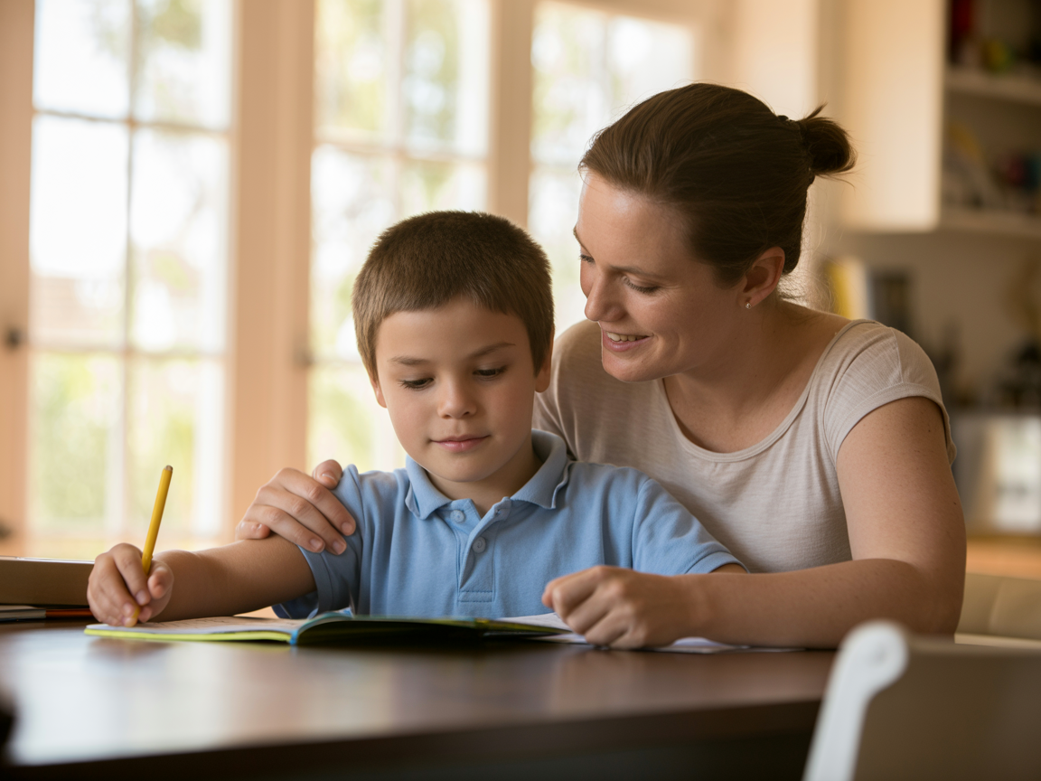 A parent and child working together in a warm, supportive educational moment