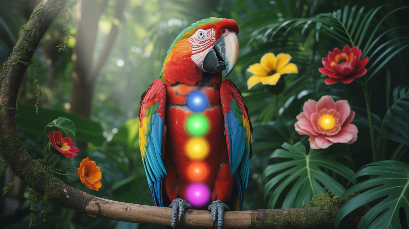 Papagaj sa vidljivim čakrama duž tela dok sedi na grani. Čakre kod ptica papagaj energija čakre životinje energija ptice duhovna energija papagaj