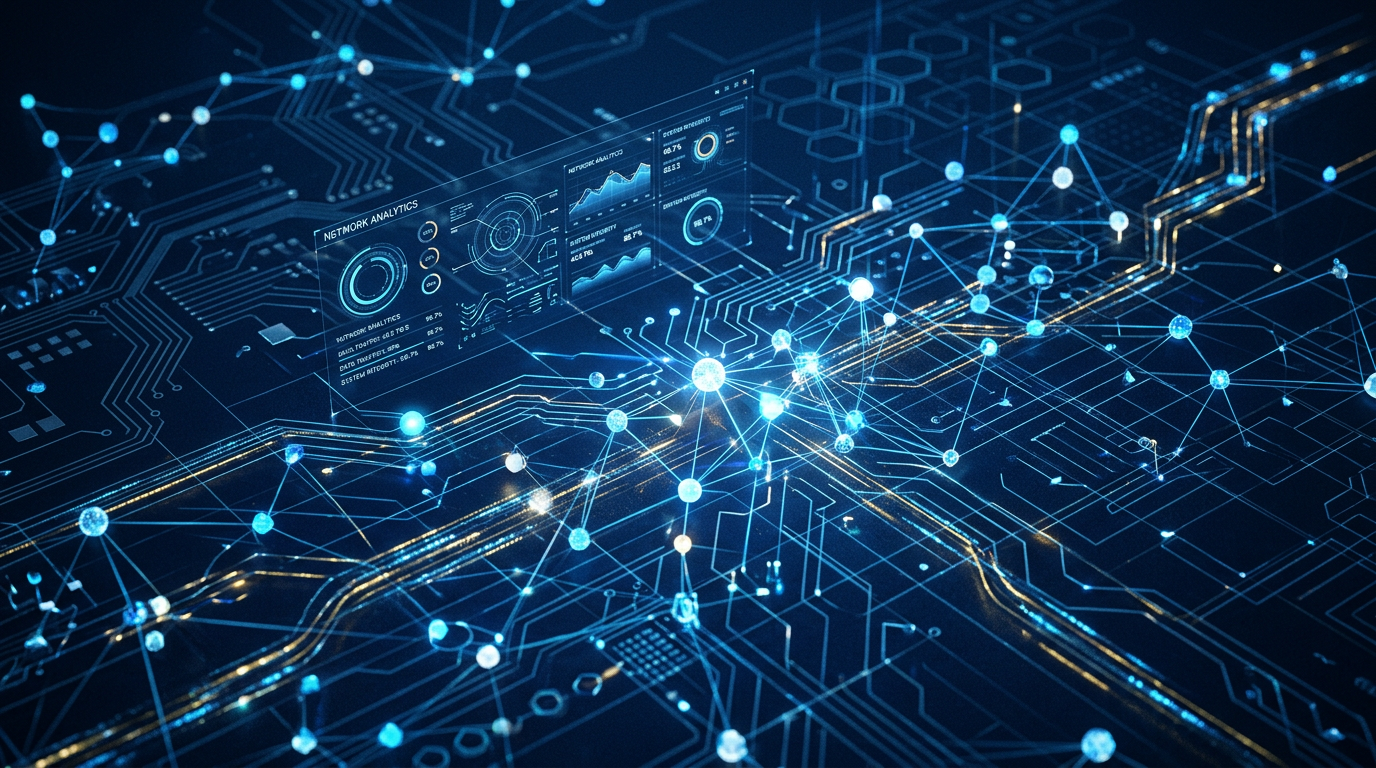 Abstract data visualization with interconnected nodes and golden light accents