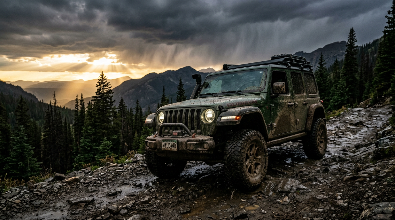Muddy Jeep Wrangler on an Idaho trail