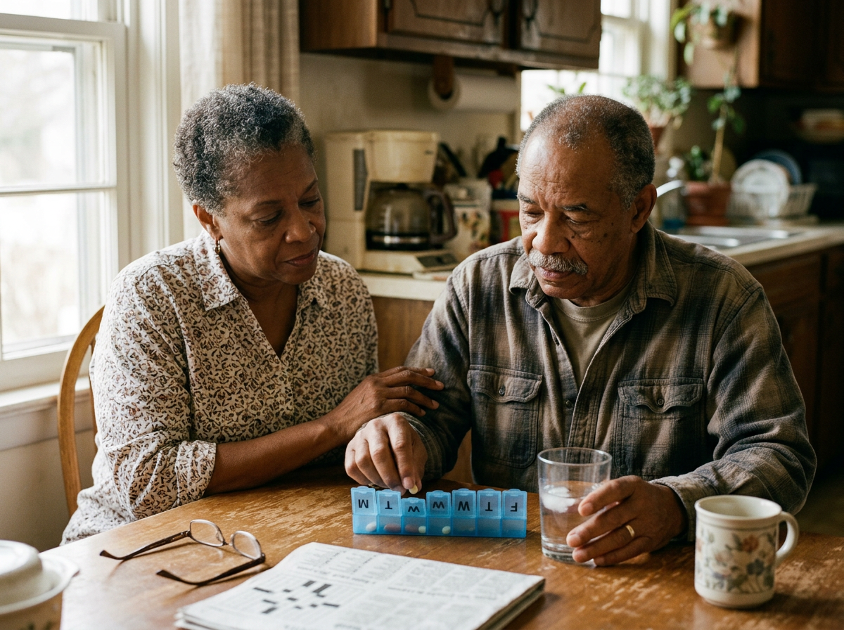 A wife supervising her older veteran husband as he takes his medications at the kitchen table