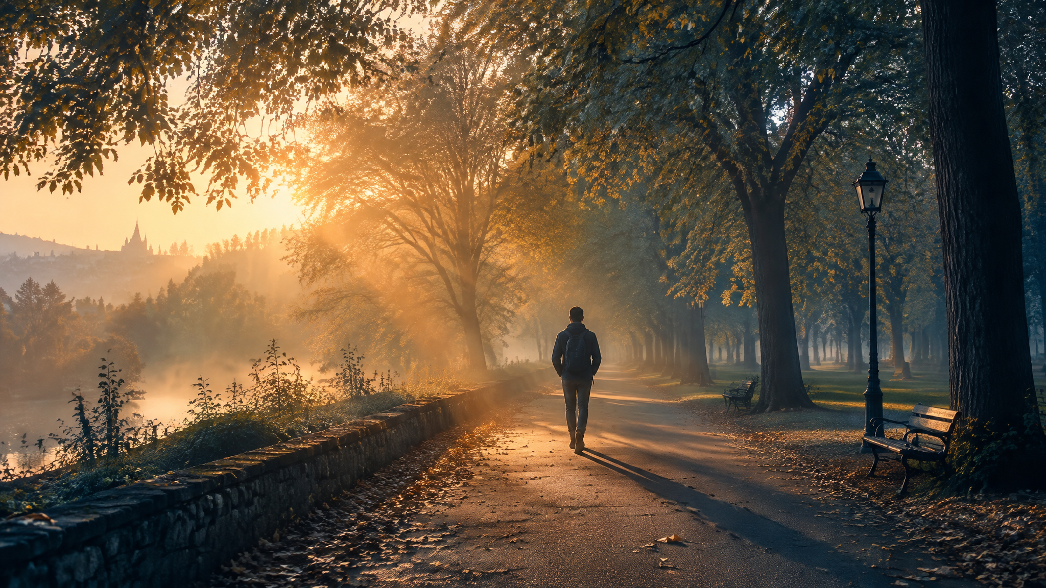 Pessoa caminhando em parque arborizado ao amanhecer com luz filtrada pelas árvores