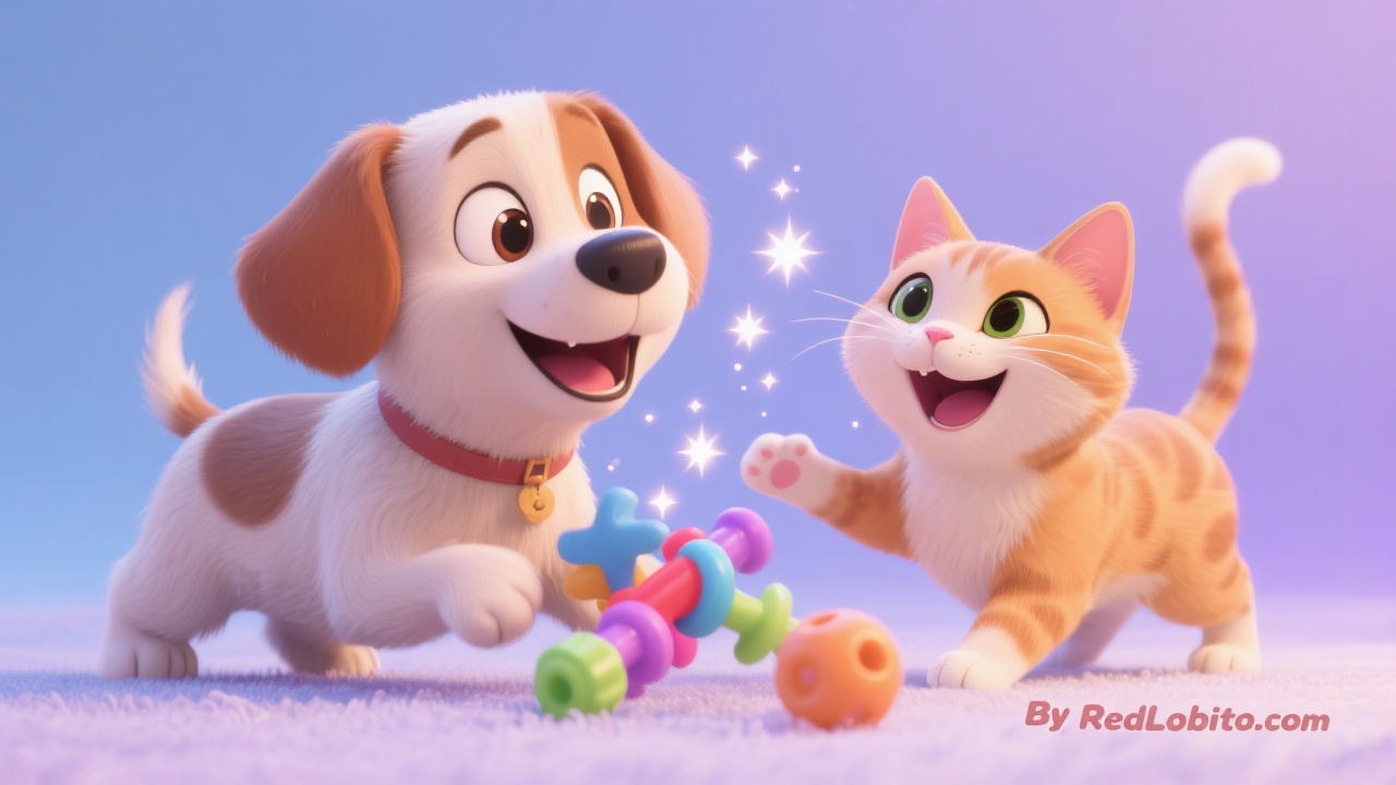 Playful dog and cat with toys, sparkles, pastel blue-lavender background, By RedLobito.com