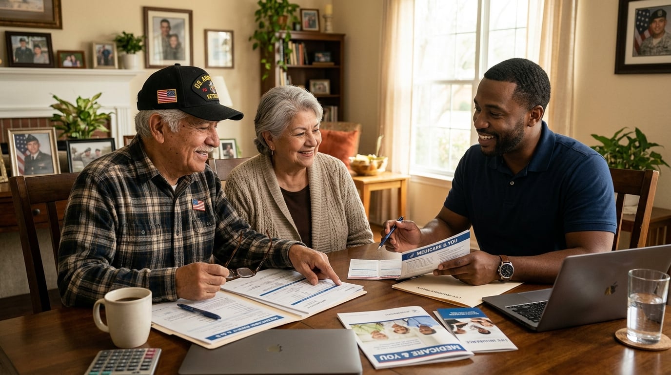 An elderly Latino veteran couple reviewing Medicare and life-insurance paperwork with a friendly Black insurance agent