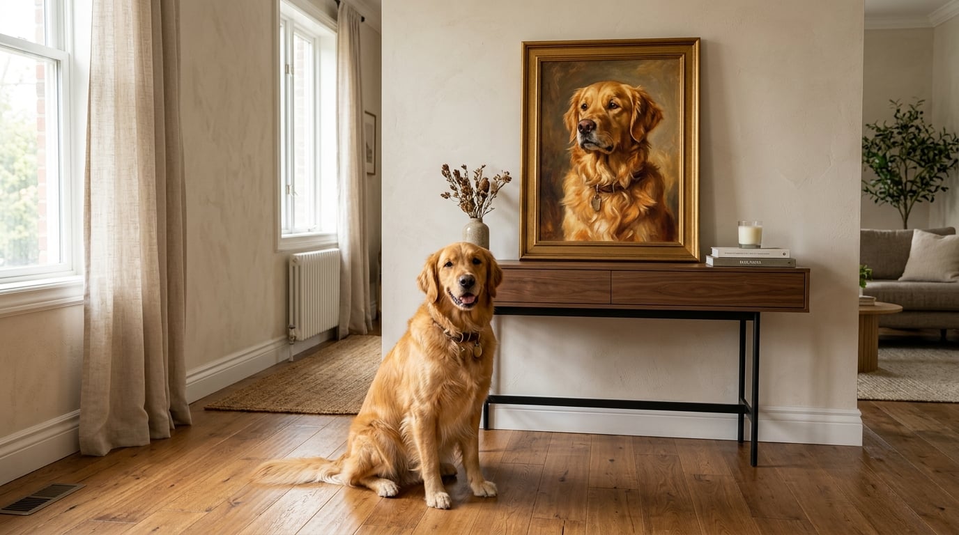 Golden retriever sitting proudly next to a framed oil portrait painting of itself on a modern console table in a warm home interior