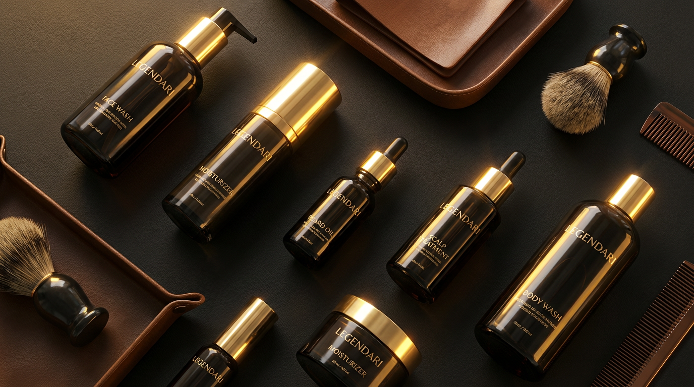 Legendari product collection displayed on dark surface