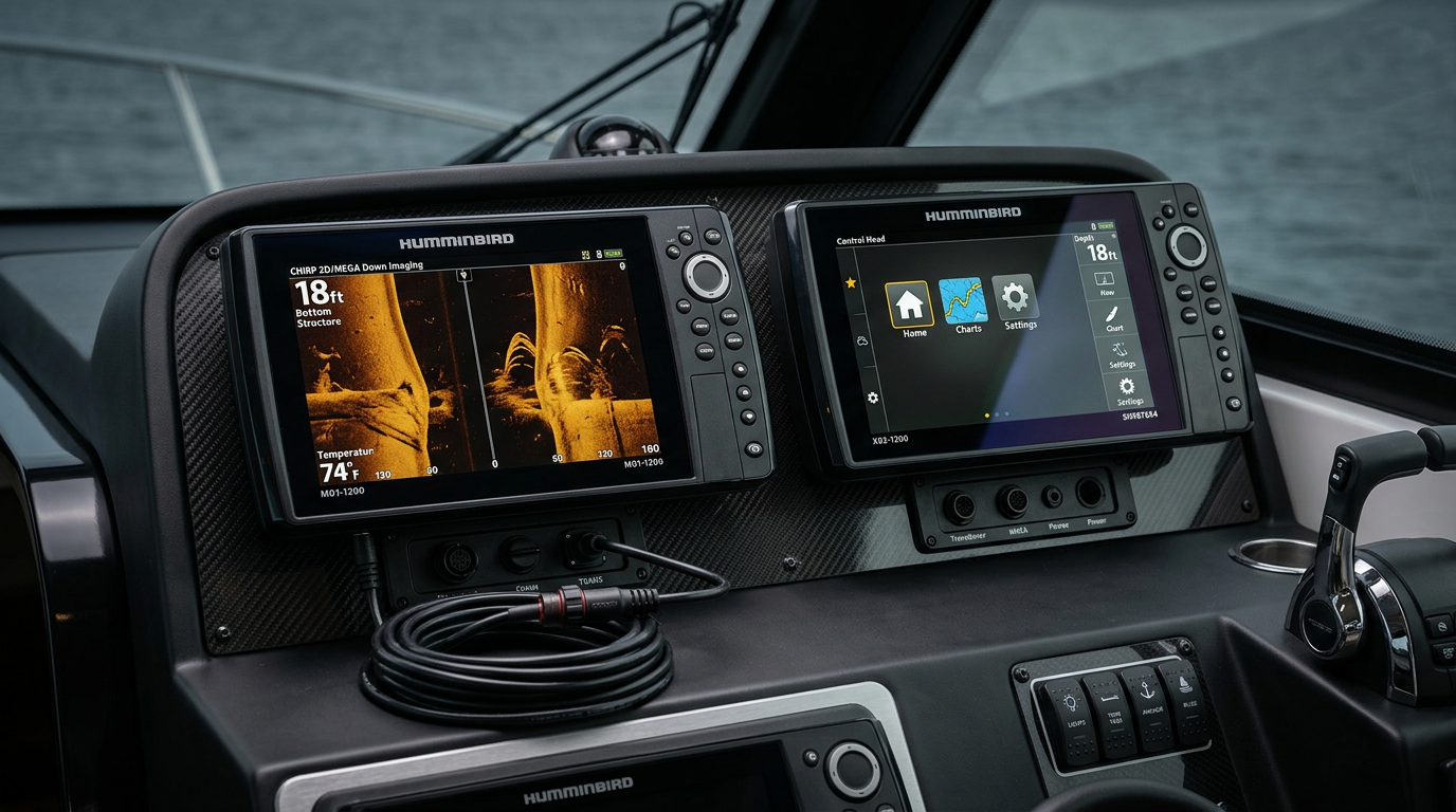 Two Humminbird XPLORE 12 fish finder units side by side, one with CMSI+ transducer attached and one as control head only